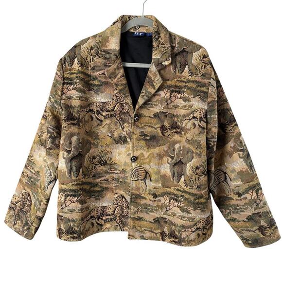 ITF Safari Tapestry Oversized Jacket 100% Cotton in Tan Embellished Buttons L/XL - Picture 1 of 14